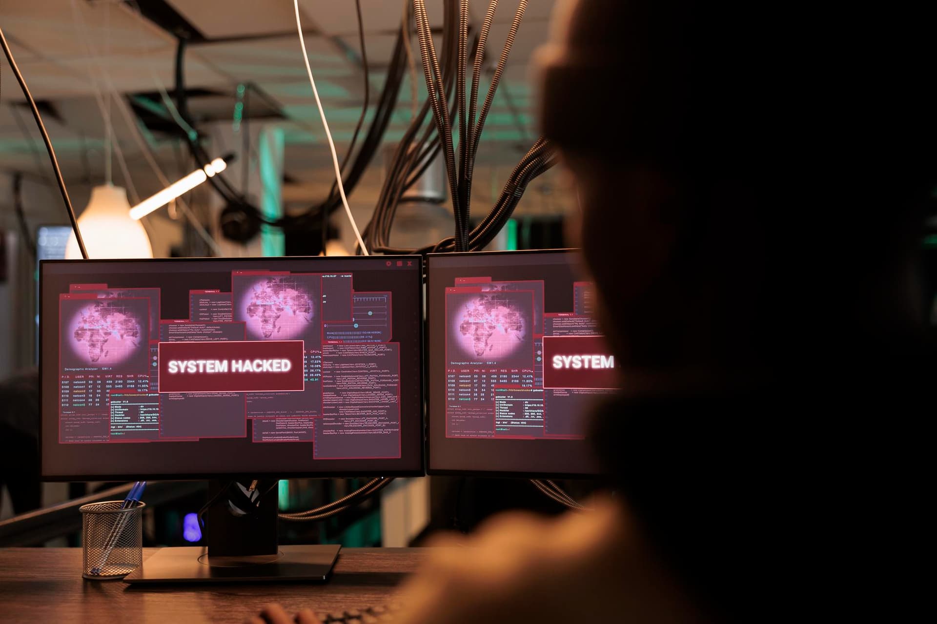 Osoba przed dwoma monitorami z czerwonymi oknami terminala i komunikatem „SYSTEM HACKED”.