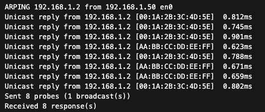 Przykład narzędzia ARP ping wraz z widocznym zdublowanym adresem IP rozwiązywanym na dwa różne fizyczne adresy MAC