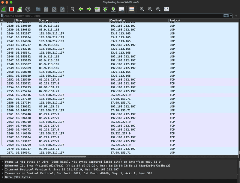 Fragment przechwyconego ruchu sieciowego w narzędziu Wireshark – analiza protokołów TCP i UDP.