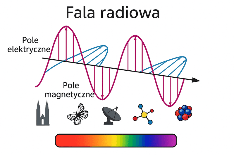 Schemat fali elektromagnetycznej z polami elektrycznym i magnetycznym