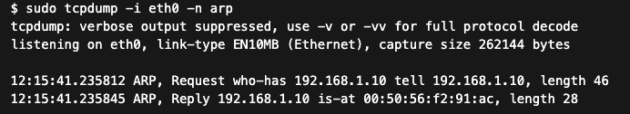 Przykład Gratuitous ARP widoczny w tcpdump - Host 192.168.1.10 wysłał zapytanie ARP o własny adres IP i natychmiast na nie odpowiedział.