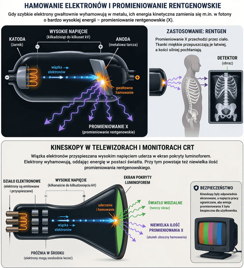 Schemat powstawania promieniowania rentgenowskiego podczas hamowania elektronów