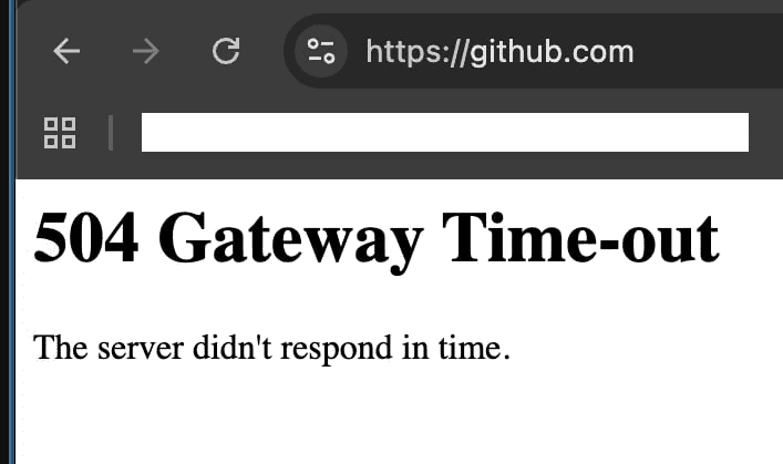 Błąd 504 Gateway Timeout na github.com w przeglądarce Chrome, 8 czerwca 2026