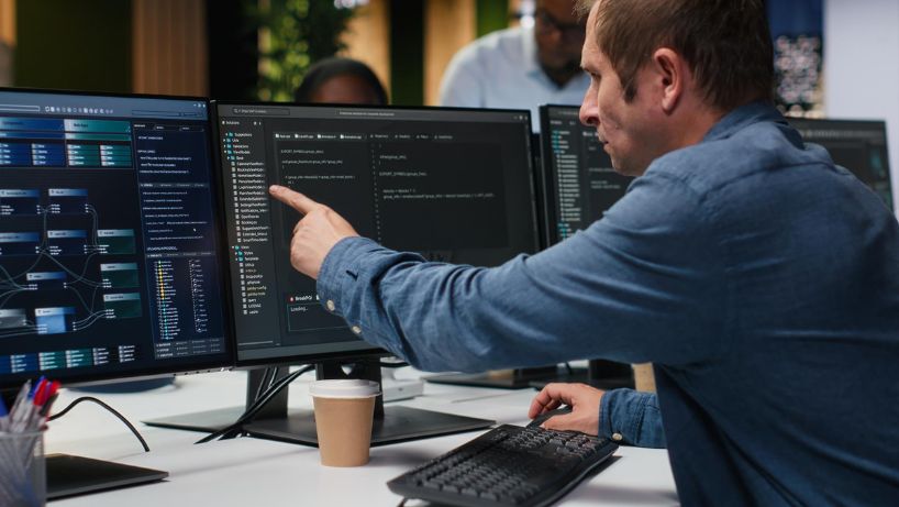 Mężczyzna przy biurku wskazuje dane na jednym z monitorów z otwartymi oknami aplikacji.