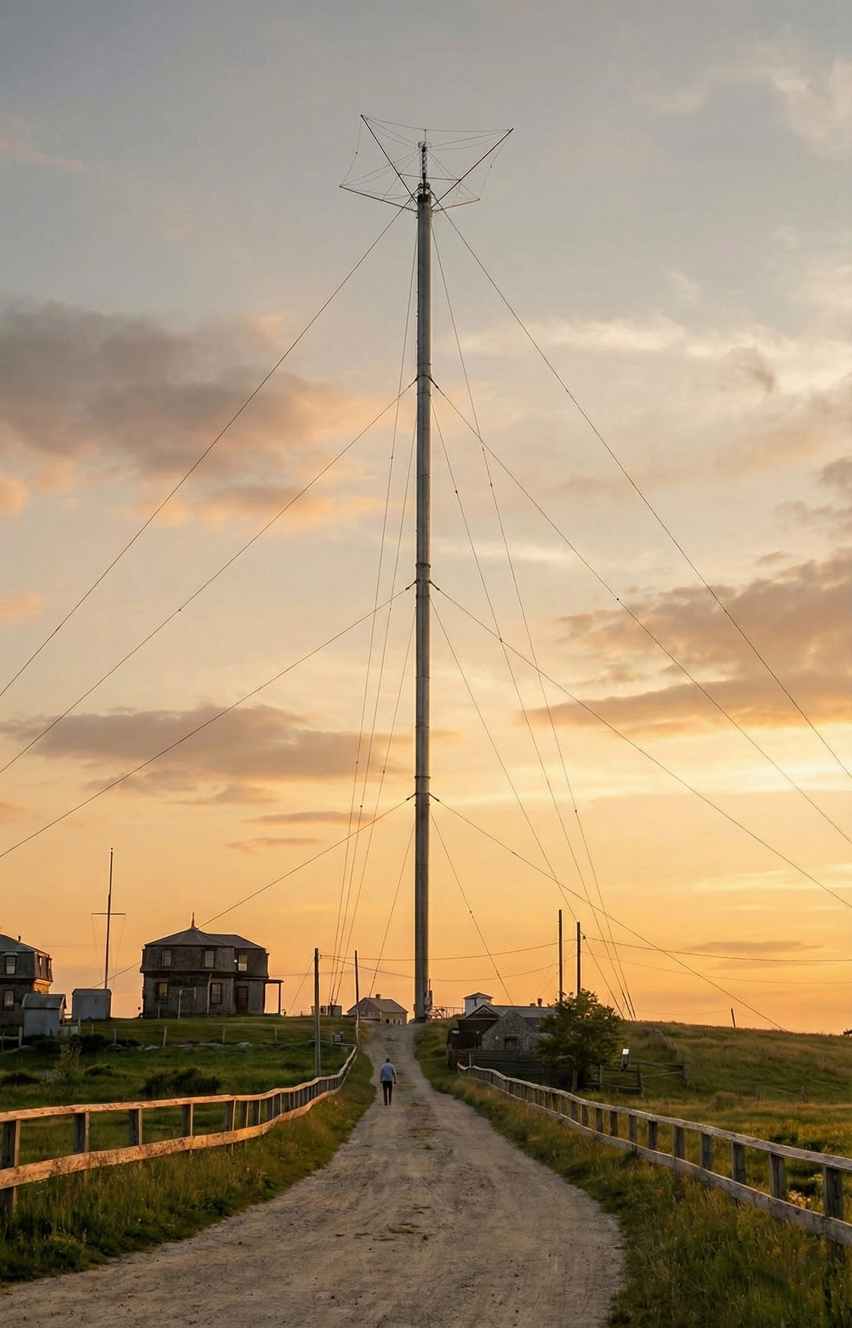 Cylindryczny maszt radiowy w Brant Rock, podtrzymywany przez system odciągów, symbolizujący rozwój technologii komunikacji.