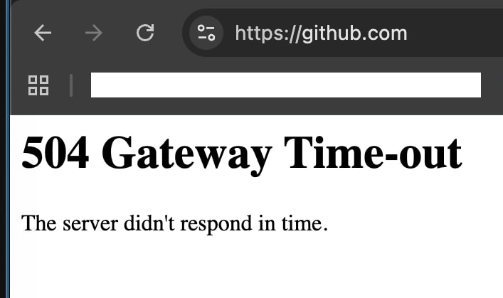 Błąd 504 Gateway Timeout na github.com w przeglądarce Chrome, 8 czerwca 2026