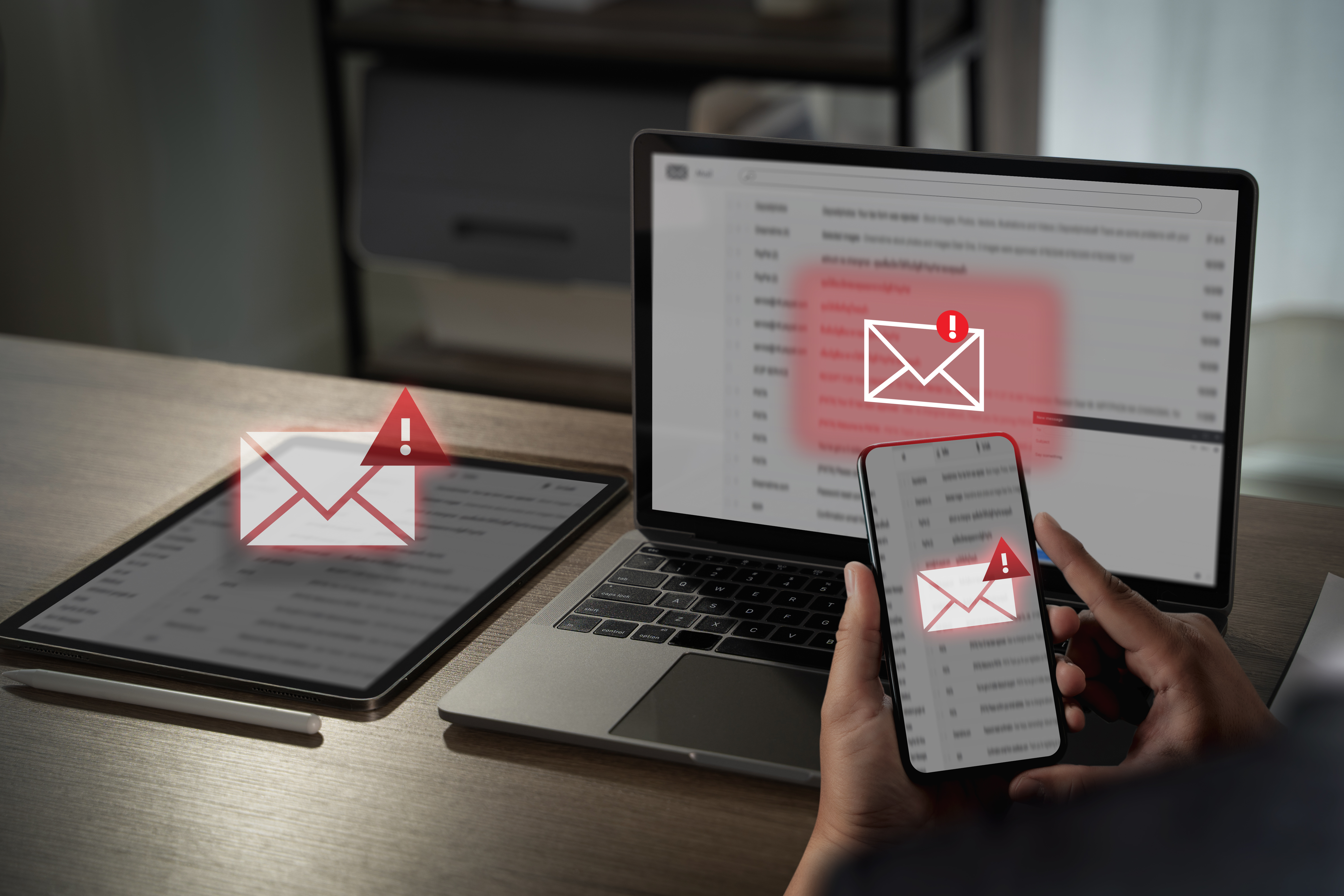 Zestaw ikon ilustrujących różne rodzaje zagrożeń związanych z pocztą e-mail, takich jak phishing, spoofing i ransomware.